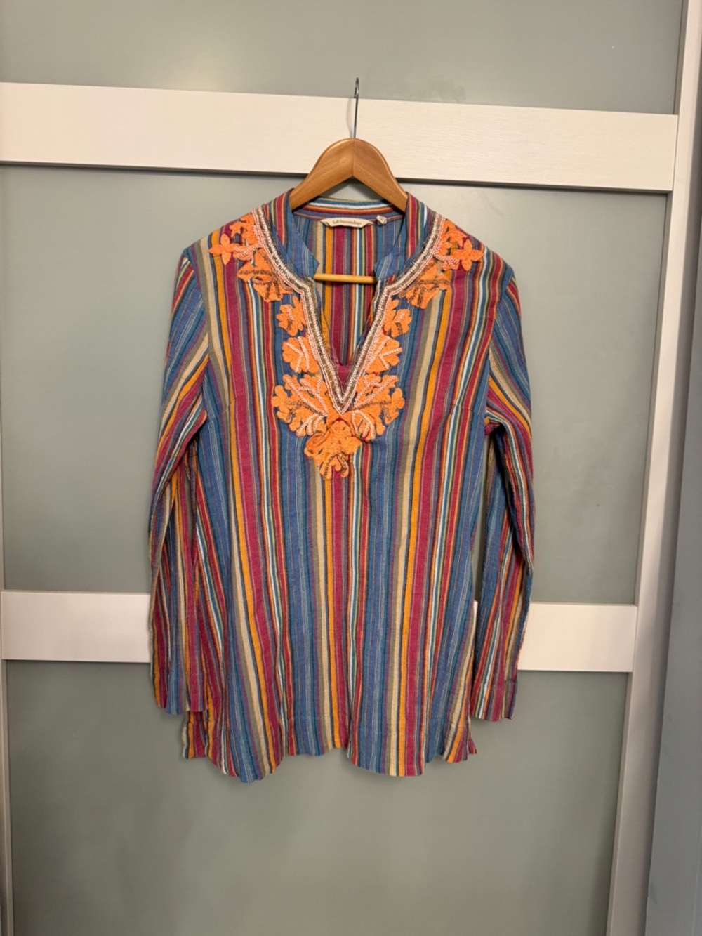 Soft Surroundings Multicolor Striped Long-Sleeve Shirt with Orange Embroidery